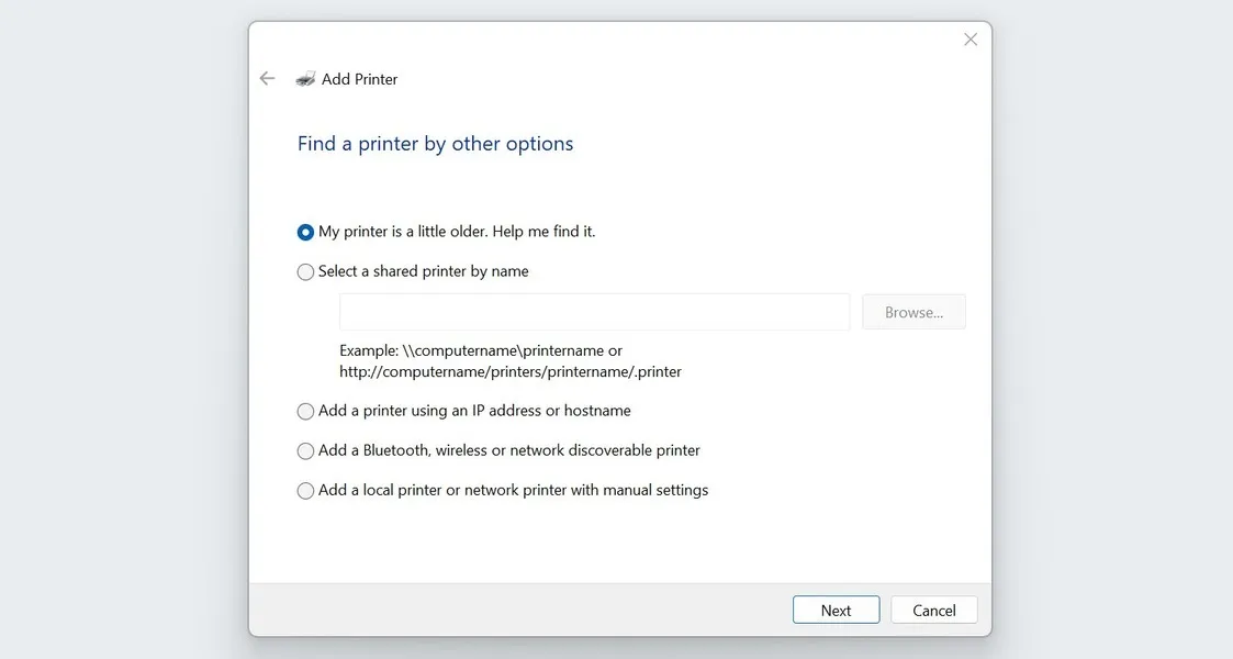 Encontrar una impresora usando opciones adicionales en Windows.
