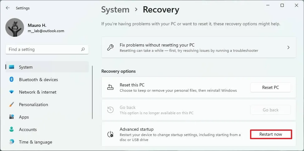 Option „Erweiterter Start“ von Windows 11