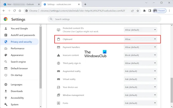Permitir área de transferência para Outlook Chrome