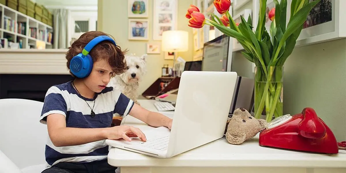 Jongen met behulp van ruisonderdrukkende hoofdtelefoons met laptop