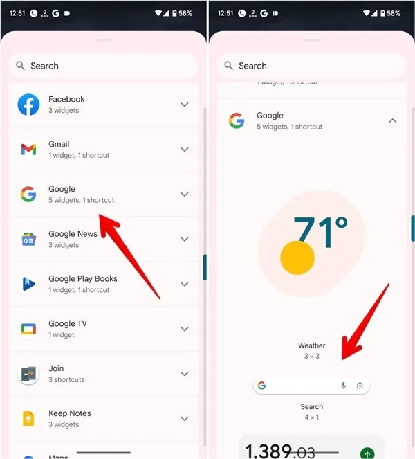 將 Google 小工具新增至 Android 主畫面。