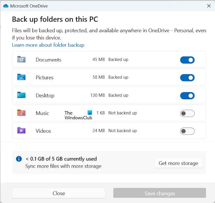 Configurações de sincronização de pastas de backup OneDrive