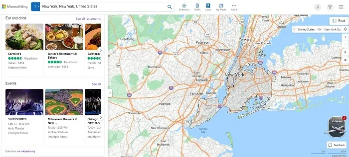 Visualização de mapa com visualização de locais recomendados no Bing Maps.