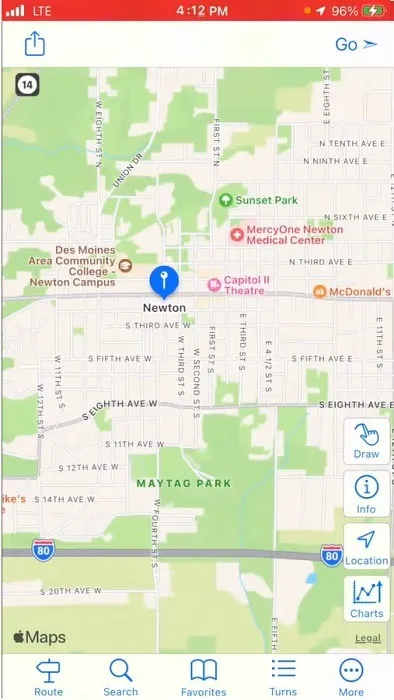 Vista de mapa en la aplicación InRoute.