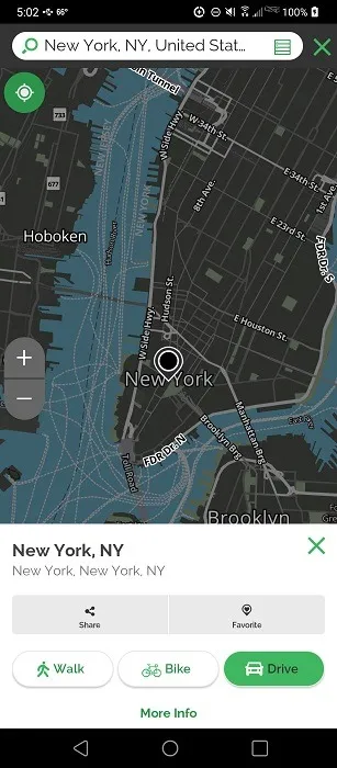 Vista de mapa en la aplicación MapQuest.