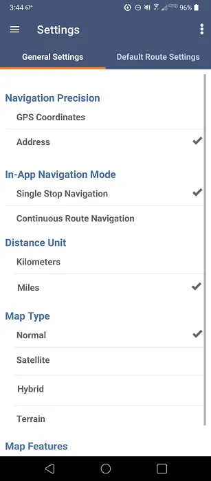 Visualização de configurações gerais no Route4Me Route Planner.