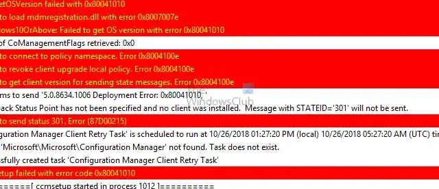 CCMSetup is mislukt met foutcode 0x80041010