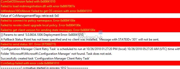 CCMSetup falló con el código de error 0x80041010