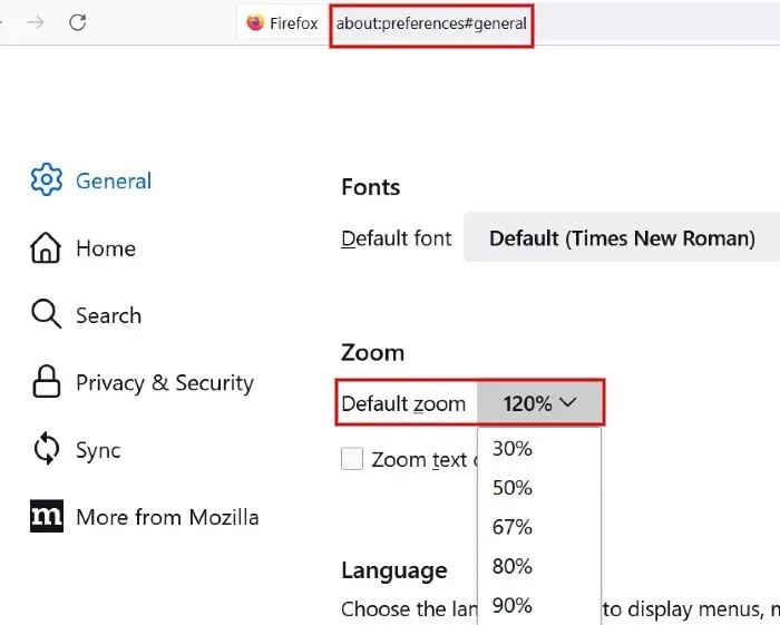 Firefox ブラウザでのデフォルトのズーム レベルの設定。