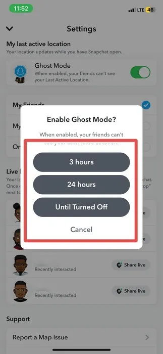 Snapchatのゴーストモードの長さを選択する