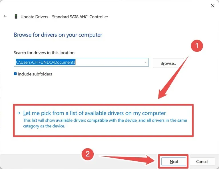 Elegir elegir el controlador al actualizar una opción de controlador de Windows en