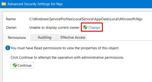 「変更」をクリックして、Ngc の所有者権限を変更します。