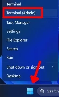 Windows の [スタート] ボタンを右クリックし、[ターミナル (管理者)] を選択します。