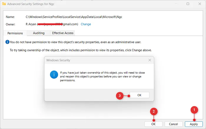 Confirmez la sécurité Windows autorisant un profil utilisateur à disposer de droits de propriété