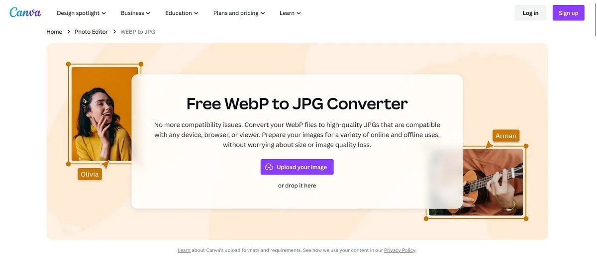 Descripción general de la página Canva WEBP to JGP Converter.