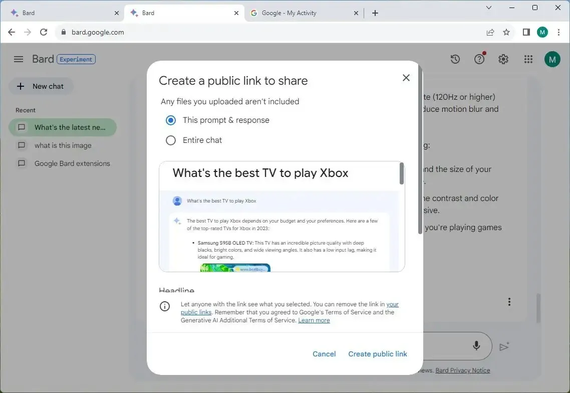 Google Bard crée un lien de partage