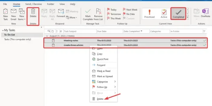 Como excluo tarefas concluídas no Outlook 365?