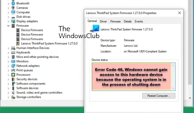 Codice 46, Windows non può accedere a questo dispositivo hardware