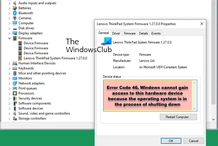오류 코드 46, 운영 체제를 종료하는 중이므로 Windows가 이 하드웨어 장치에 액세스할 수 없습니다.