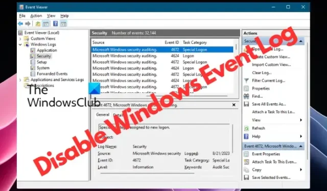 Como desabilitar o log de eventos do Windows