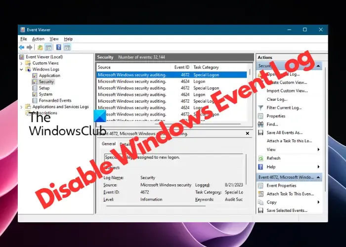 Deshabilitar el registro de eventos de Windows