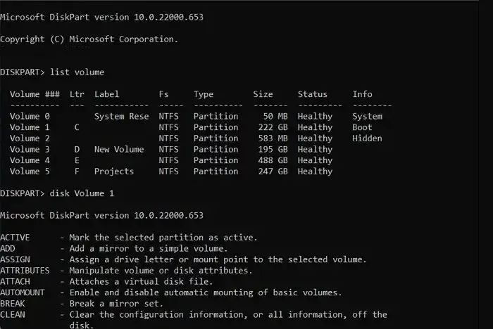 Volume dell'elenco di Windows dello strumento Diskpart