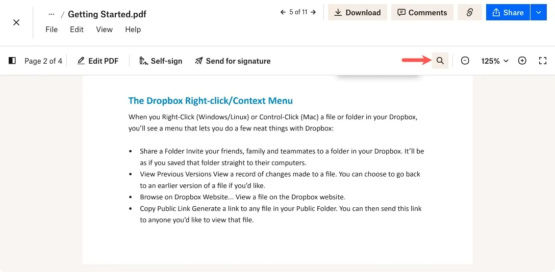 Icône de recherche Dropbox dans la barre d'outils