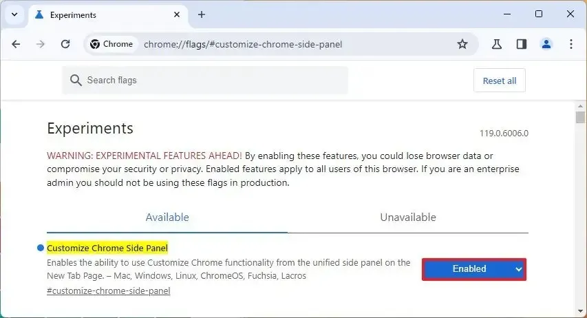 Habilitar Personalizar panel lateral de Chrome