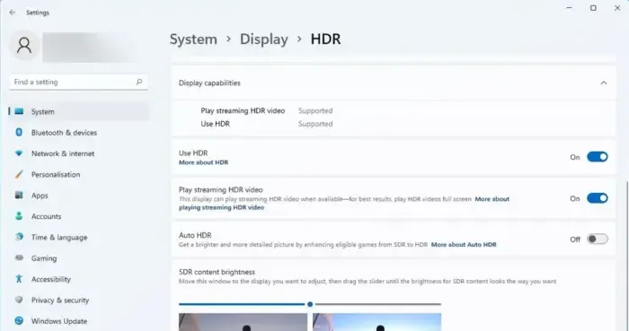 Windows の設定で HDR を有効にする