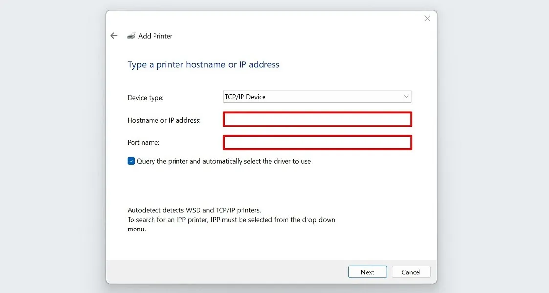 Ingresar la dirección IP y el puerto para una nueva impresora en Windows en