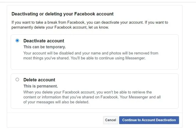Facebook アカウントの削除または無効化の確認