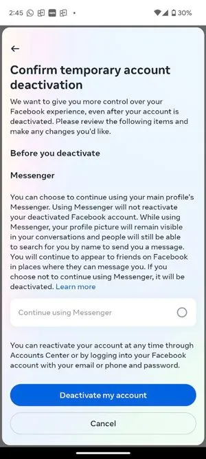 Confirmer la désactivation de Facebook Mobile