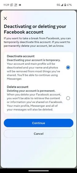 Facebook Mobile desativar ou excluir conta