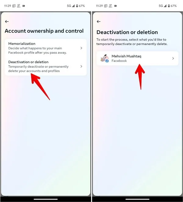 Control de propiedad de cuenta móvil de Facebook Desactivar o eliminar