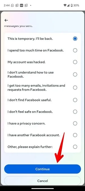 Facebook 行動停用原因