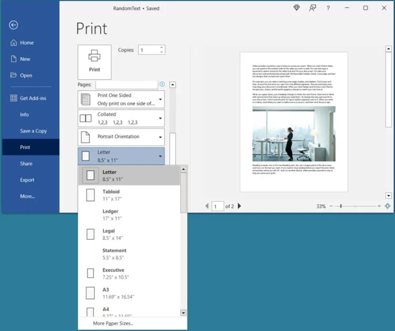 Seleção de tamanho de papel nas configurações de impressão no Word no Windows