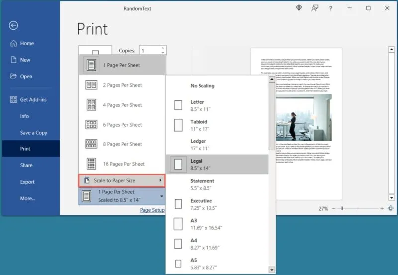 Configuración de impresión Opción Escalar al tamaño en Word en Windows