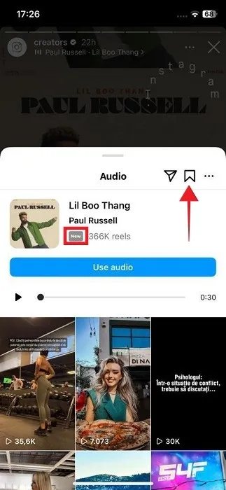 Nuovo tag visualizzato accanto al conteggio delle bobine per la traccia audio nell'app Instagram.