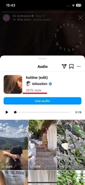 Traccia audio popolare che non è di tendenza sull'app Instagram.