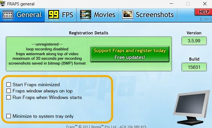 Fraps アプリの FPS カウンターの追加オプション。