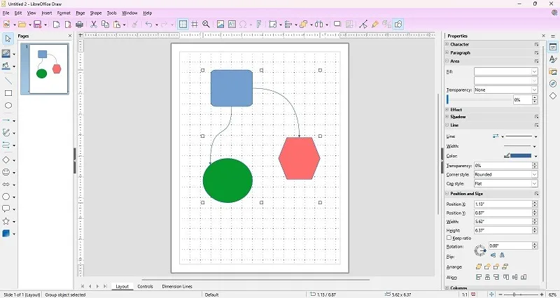 Visão geral da interface do LibreOffice Draw.