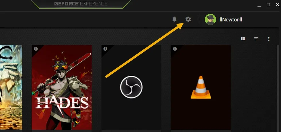 NVIDIA GeForce Experience アプリの歯車の形のボタンをクリックします。