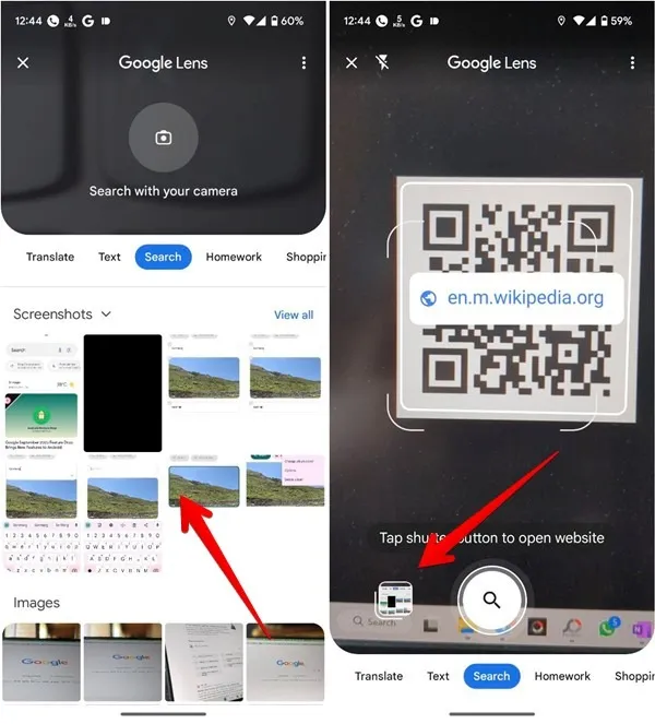 Google アプリ経由でレンズを使用して画像から QR コードをスキャンします。