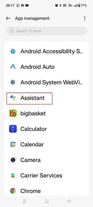 Aplicativo Google Assistant identificado nas configurações de gerenciamento de aplicativos do telefone Android.