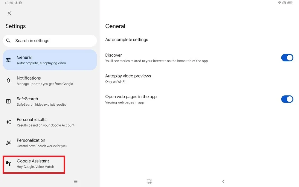 Klik op Google Assistent in het menu Instellingen op een Android-tablet.