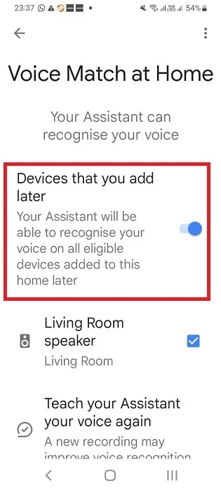Apparaten die je later toevoegt in Voice Match van Google Assistent thuis (Android).