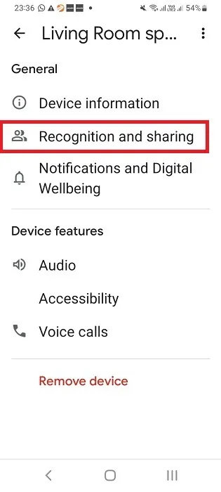 Reconhecimento e compartilhamento do alto-falante Nest no app Google Home.