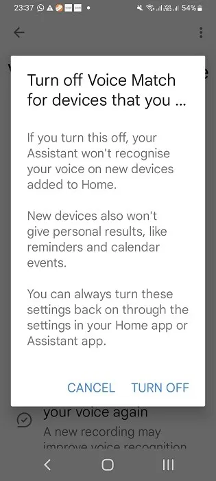Disattiva la corrispondenza vocale nell'Assistente Google per l'altoparlante Nest nell'app Google Home.