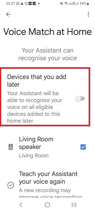 Voice match uitgeschakeld in de Google Assistent in de Google Home-app voor Nest-luidspreker.