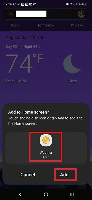 Dodanie skrótu Pogoda na ekranie głównym telefonu z Androidem.